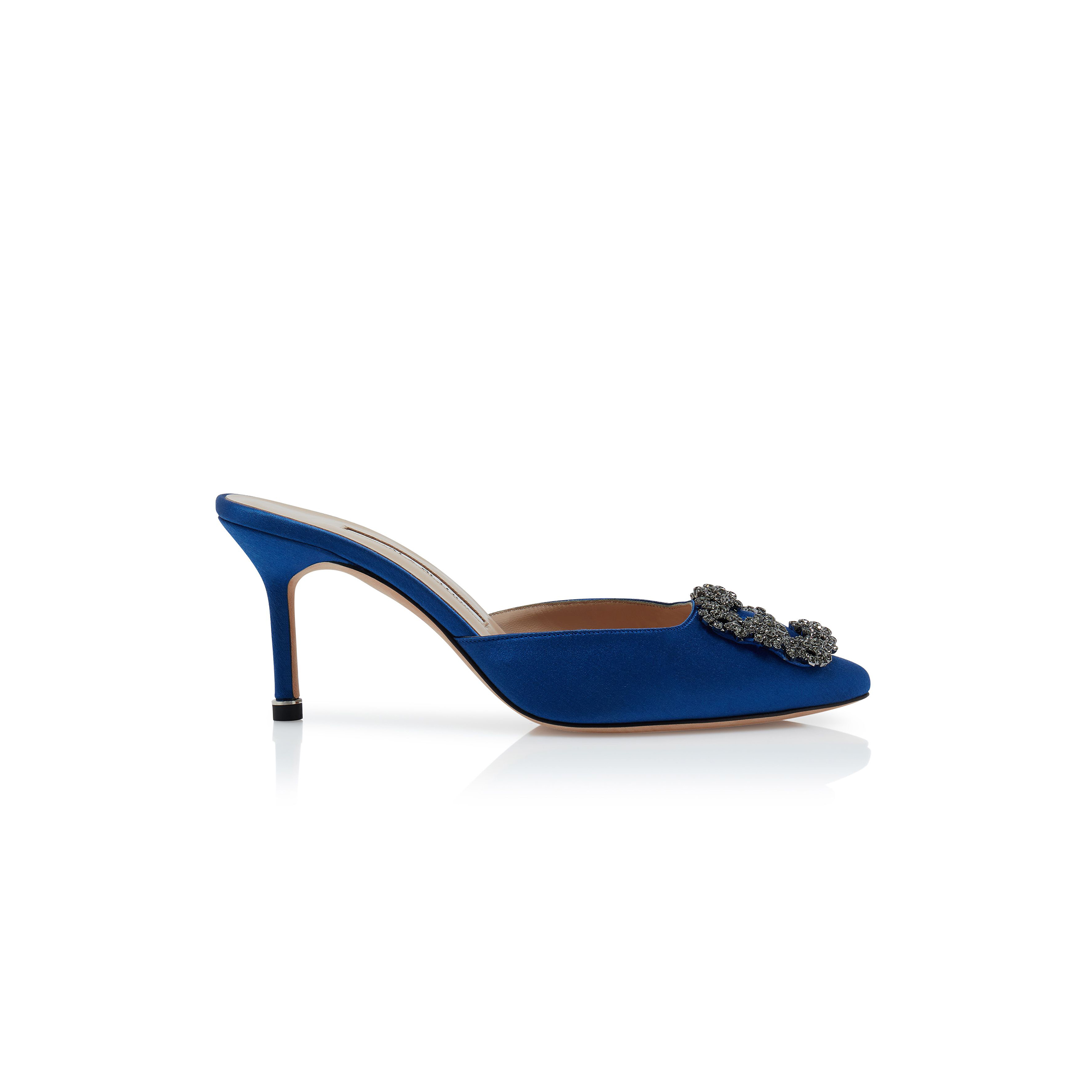 MANOLO BLAHNIK HANGISIMU BLUE SATIN JEWEL BUCKLE MULES 9XX-0726-0029